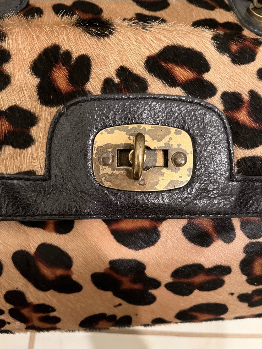Vintage 90s Nordstrom Leopard Calf Hair & Leather Satchel Bag – Turn Lock Black - Picture 9 of 12